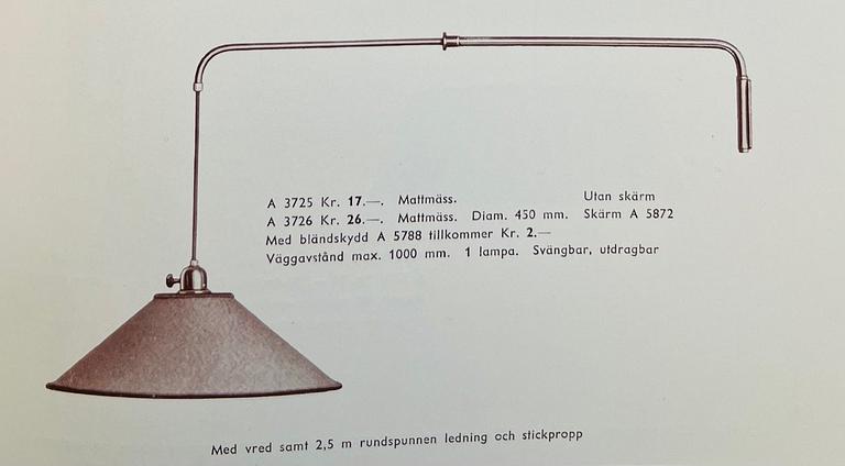 Cebe, a pair of model "3726" wall lamps, Svalöv, 1940s.