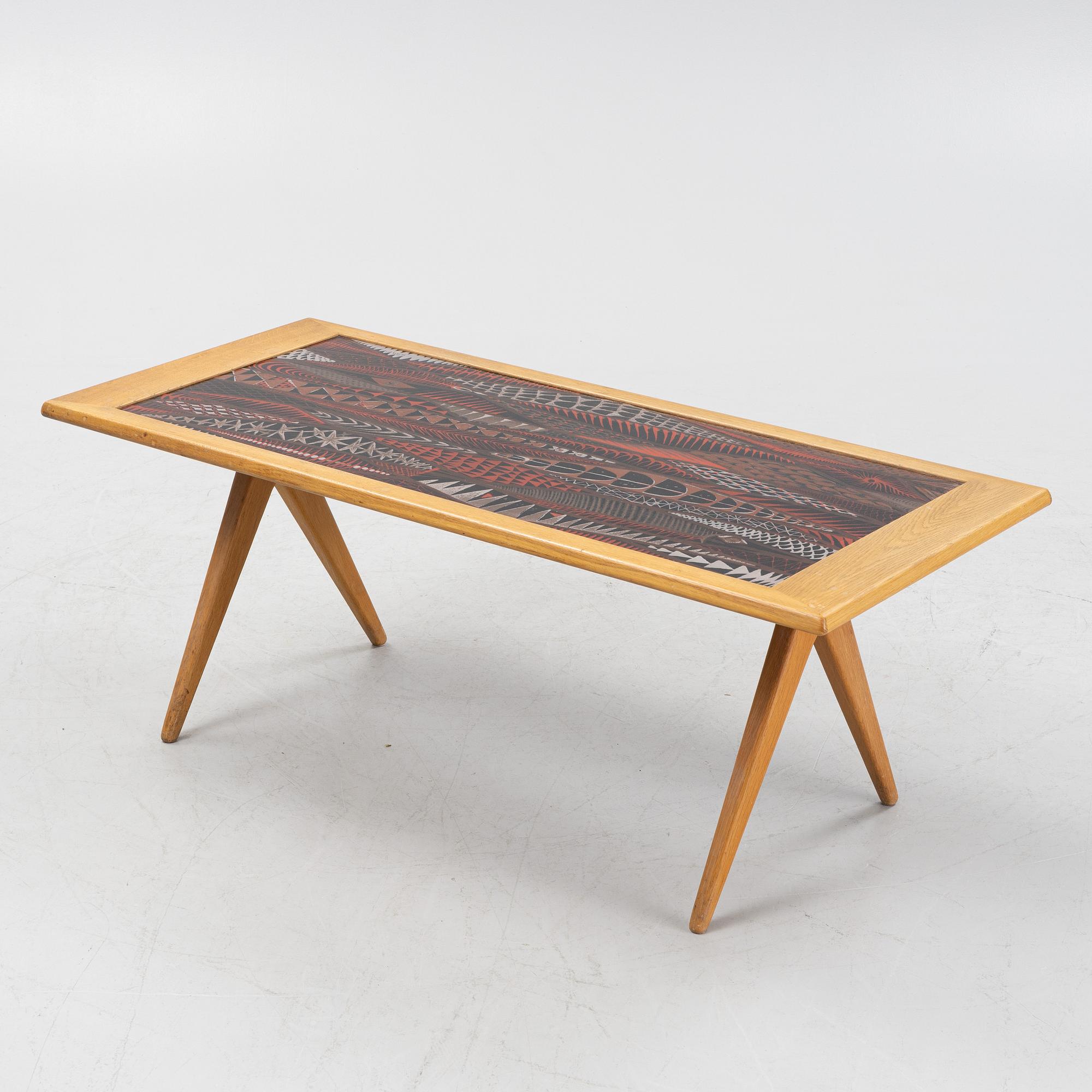 Stig Lindberg & David Rosén, an oak and enamel coffee table from Nordiska Kompaniet and Gustavsberg, 1950's.