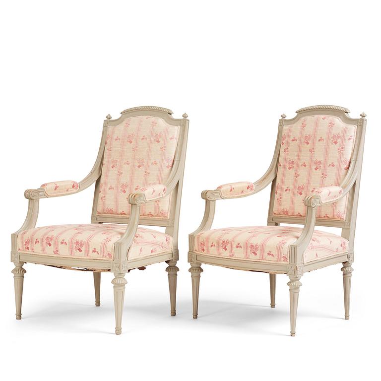 A pair of Gustavian open armchairs, Stockholm, late 18th century.