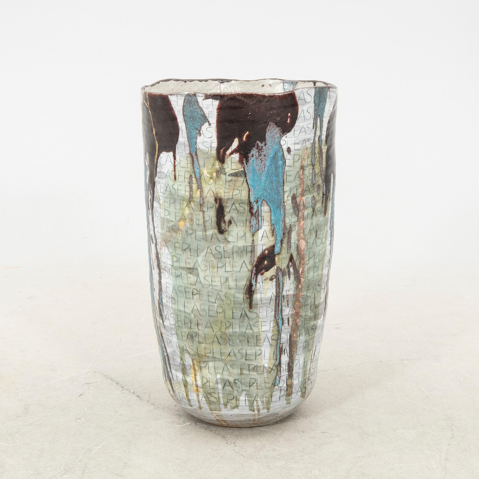 Eva Bengtsson, a signed "Please" floor vase stoneware own work shop.