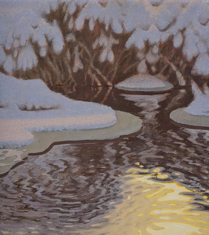 Gustaf Fjaestad, Winter landscape with sunlit watercourse.
