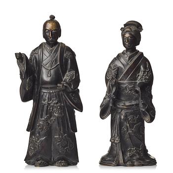 Two standing Japanese bronze sculptures of a Samurai and Bijin, Edo period (1603-1868).