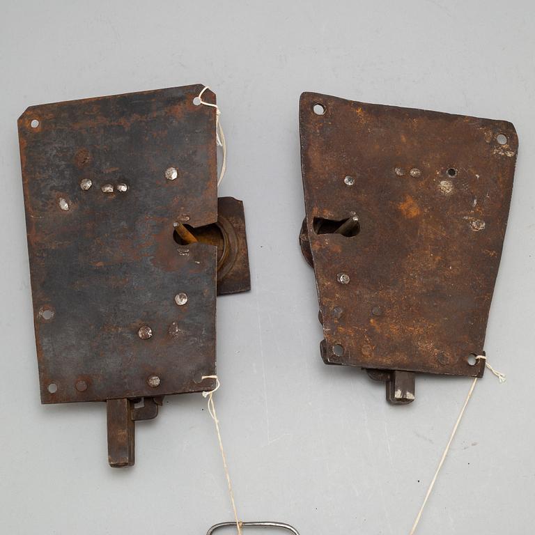 Two iron door locks with keys, 18th or early 19th century.