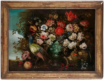 286. Abate Andrea Belvedere Hans art, Stilleben med blommor och påfågel.