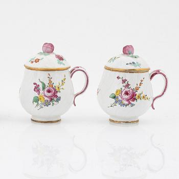 Two Marieberg soft paste custard cups with covers, 18th Century.