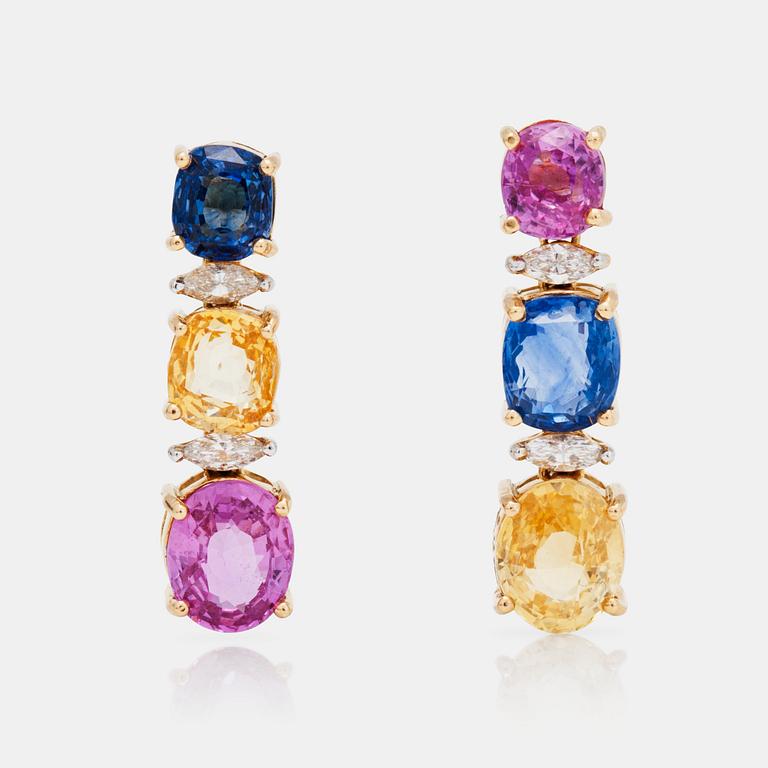 A pair of blue, yellow and pink sapphire and diamond earings.