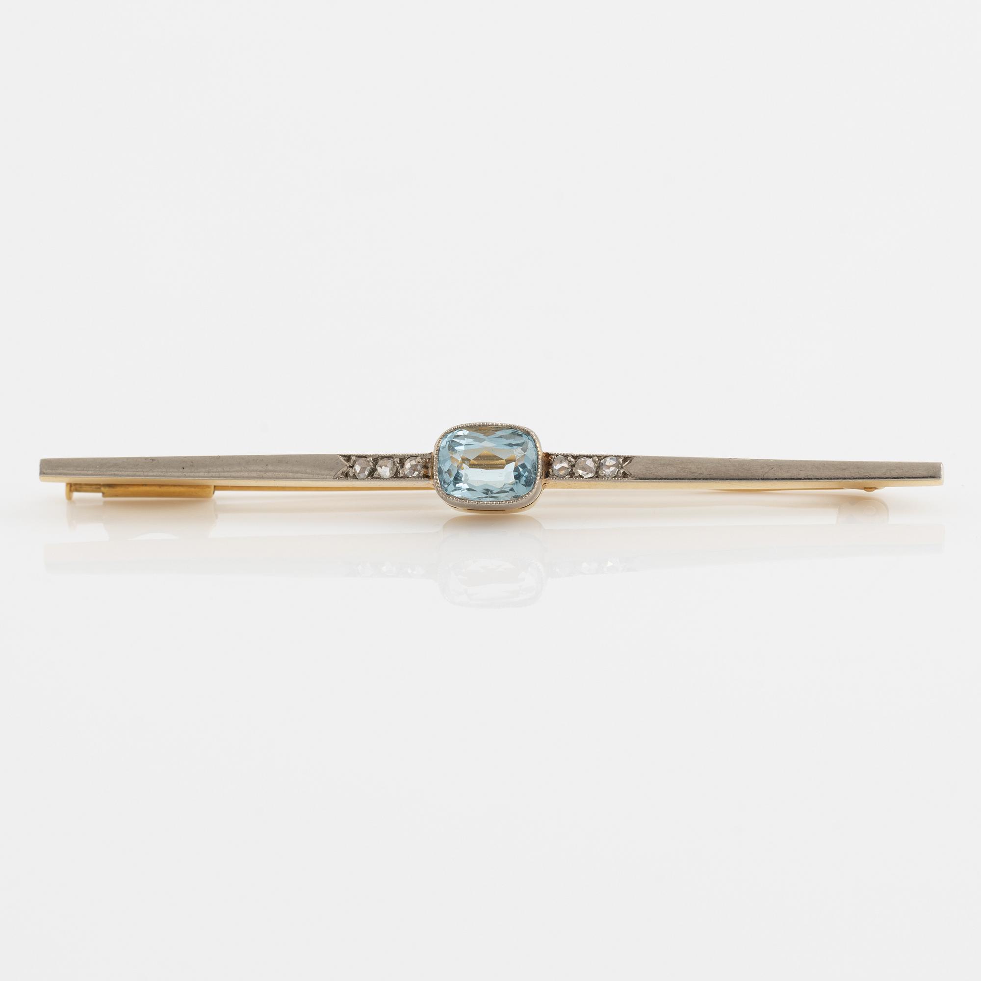 Cushion shaped aquamarine and rose cut diamond pin brooch, Strömdahls,