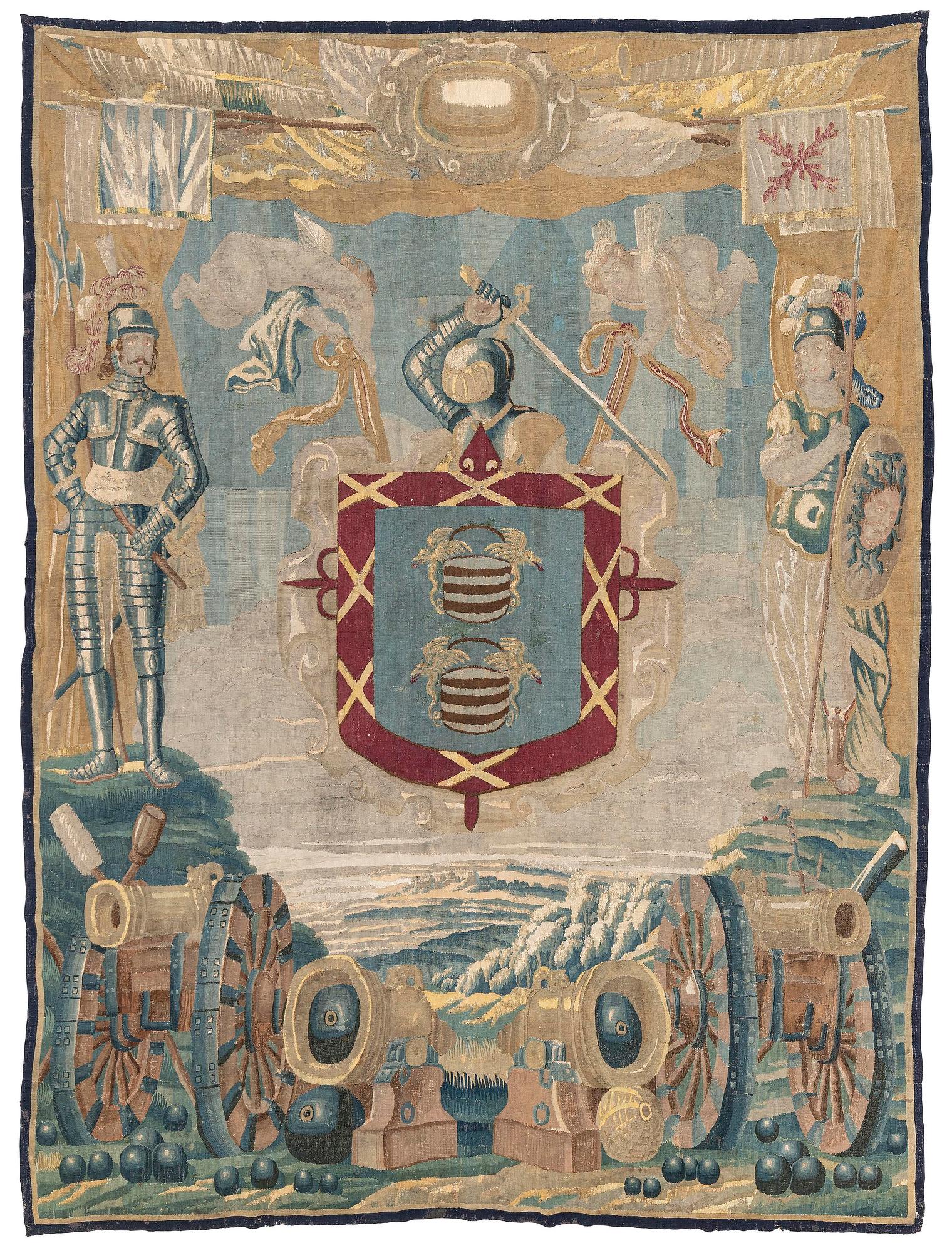 A Flemish armorial tapestry, c. 337 x 250 cm, 17th century.