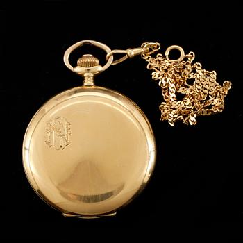 FICKUR OCH KLOCKKEDJA, savonette, herr, 18k guld. Vikt ca 102g.
