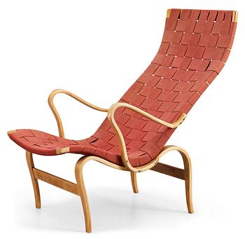 538. A Bruno Mathsson beech and red canvas easy chair, by Firma Karl Mathsson, Värnamo, Sweden 1943.