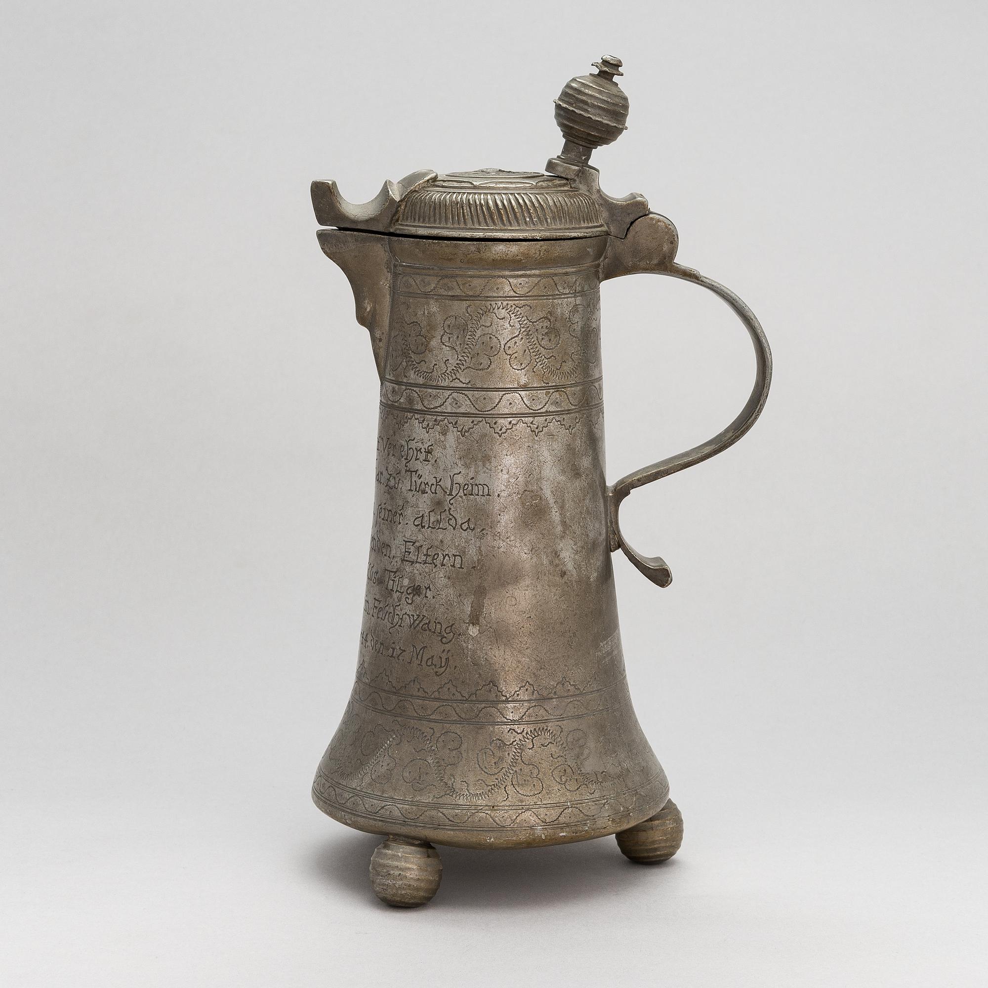 A German pewter ewer, with inscription 1744.