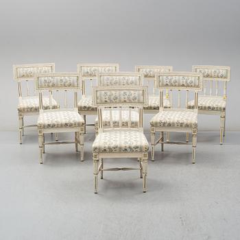 Eight chairs (6+2), late gustavian and late gustavian style, 19th century and ca 1900.