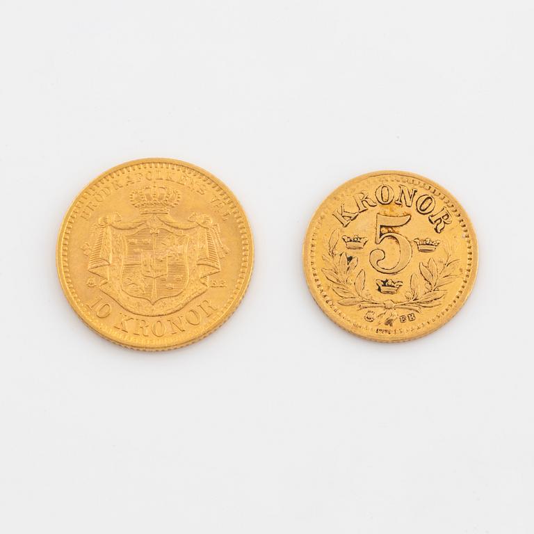 Oscar II, guldmynt 2 st, 10 kronor 1901 och 5 kronor 1894.