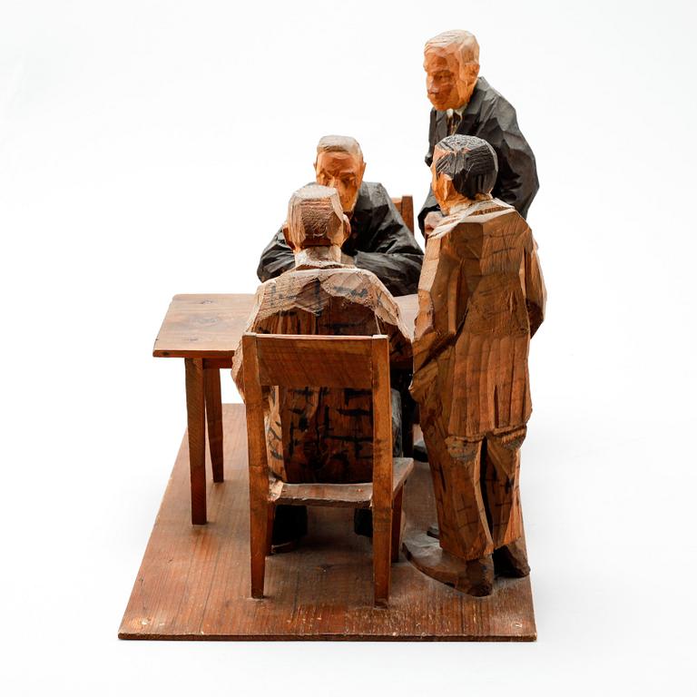 AXEL PETERSSON DÖDERHULTARN, sculpture group, partially painted carved wood, Chess players, stamp signed.