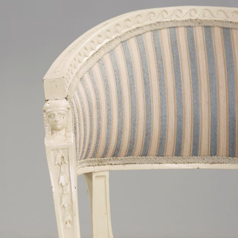 A pair of late Gustavian armchairs in the manner of Ephraim Ståhl, master in Stockholm 1794-1820.