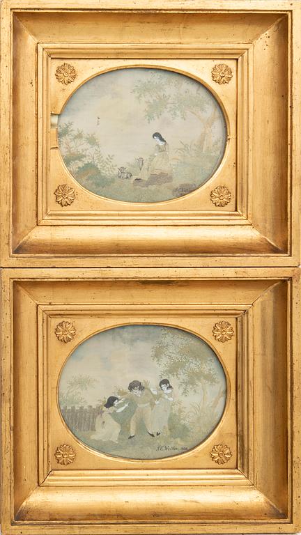 Embroidered pictures a pair of late Gustavian.