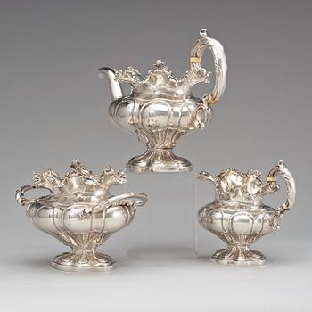 A Russian 19th century parcel-gilt three piece tea-set, marks of Sasikow, Moscow 1839.