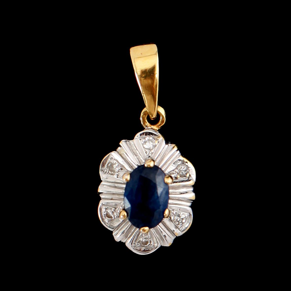 HÄNGE, 18 k guld, med blå och vita stenar.