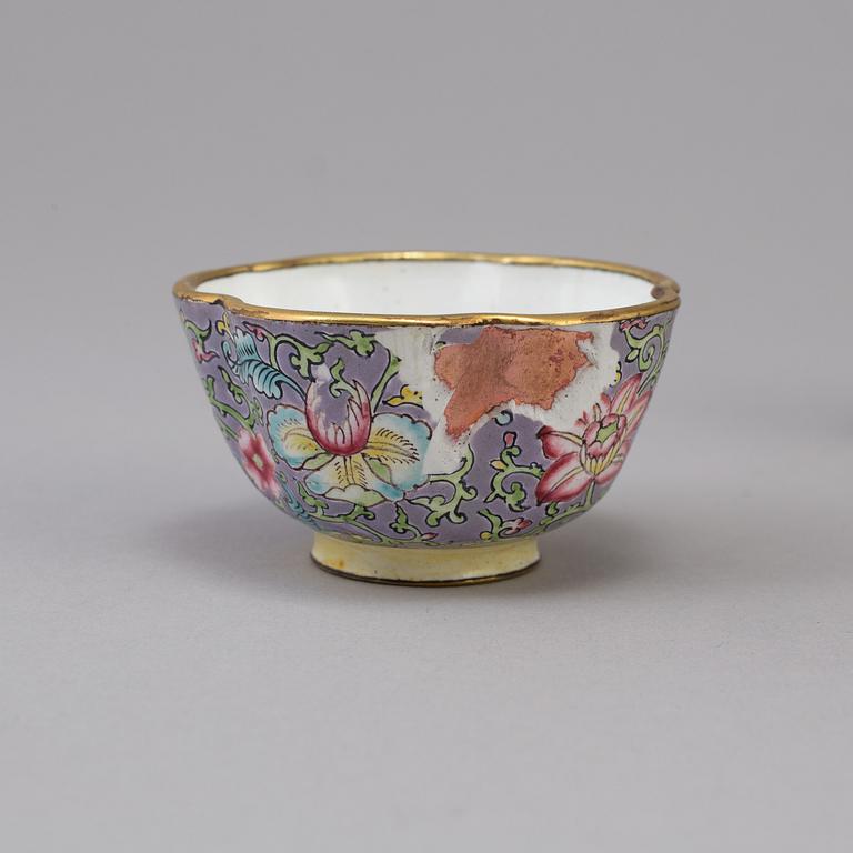 10 chinese cups with one dish, enamel on copper. late 19th/early 20th century.