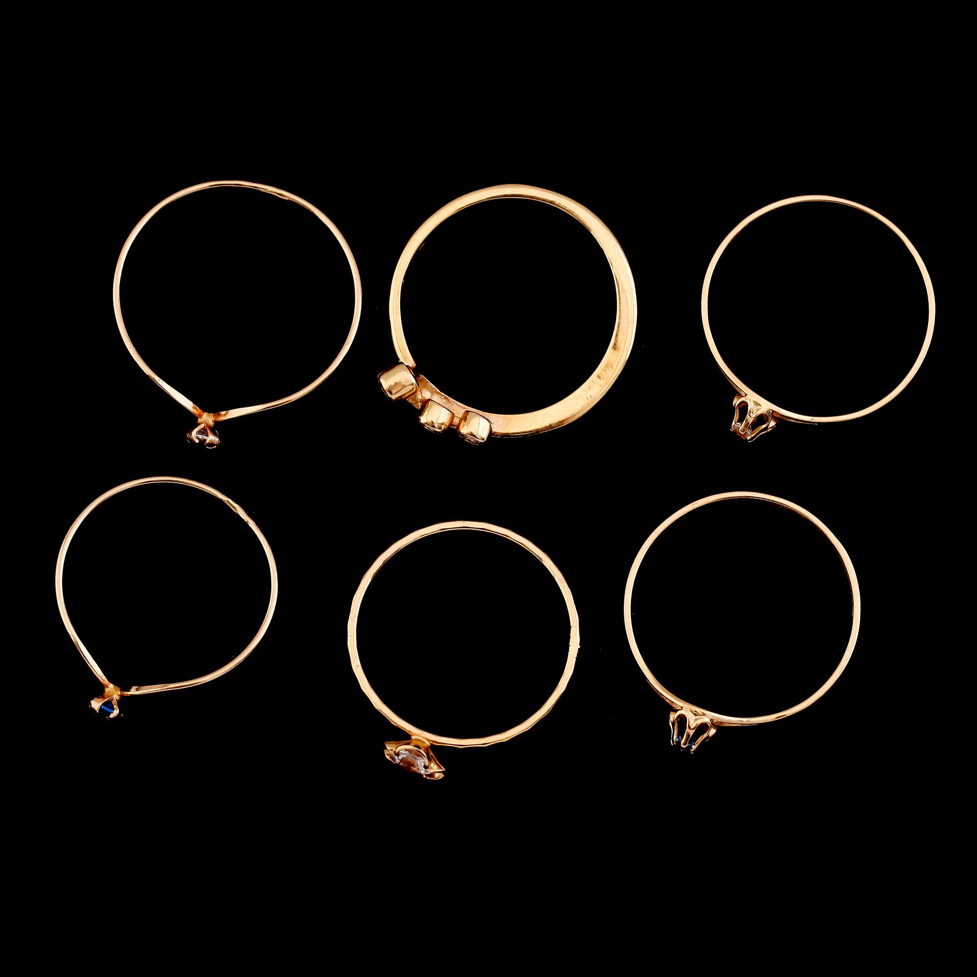 RINGAR, 6 st, 18 k guld med olika stenar. Total vikt ca 5 gram.