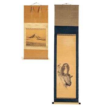 RULLMÅLNINGAR, två stycken, tusch och färg på papper. Japan, Edo, 1800-tal.