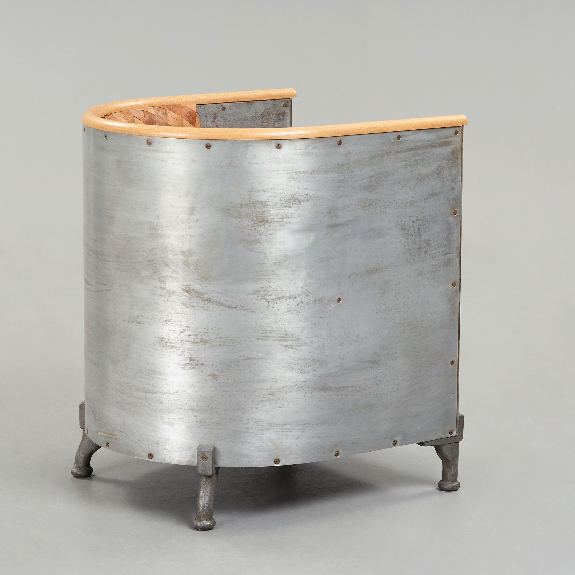Mats Theselius, an 'Aluminiumfåtölj' easy chair upholstered with plaited birch bark, Källemo 1990.