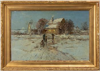Wilhelm von Gegerfelt, Winter landscape with figures at dusk.