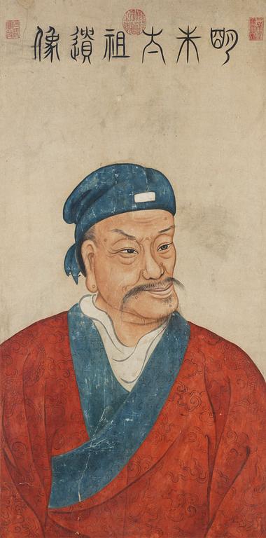 OKÄND KONSTNÄR, akvarell på papper, porträtt föreställande kejsar Hongwu (1368-1398), grundare av Mingdynastin. Qing dynastin, 1700-tal.