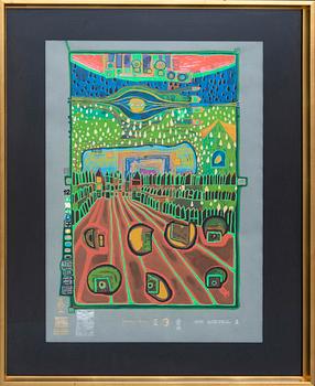 Friedenreich Hundertwasser färgserigrafi med metallprägling, numrerad 1649/3000.