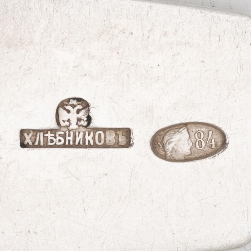 Six Russian silver dinner spoons, mark of Chlebnikov, Moscow, 1908–1926.