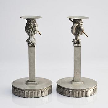 Anna Petrus, a pair of pewter and brass candlesticks, Herman Bergman's foundry, Stockholm, Swedish Grace, early 1920s.