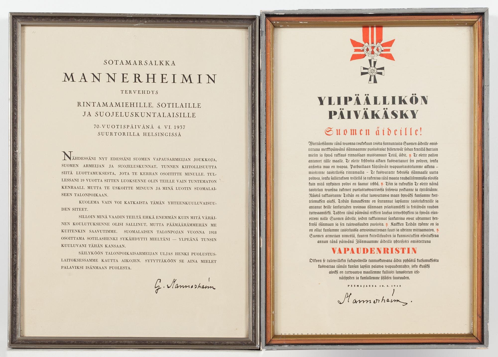 Carl-Gustaf Mannerheim, tryck, Överbefälhavarens dagorder och Fältmarskalk Mannerheims hälsning.