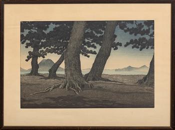 A Japanese woodblock print by Kawase Hasui titled "Pine Trees at Toyama, 20th Century.