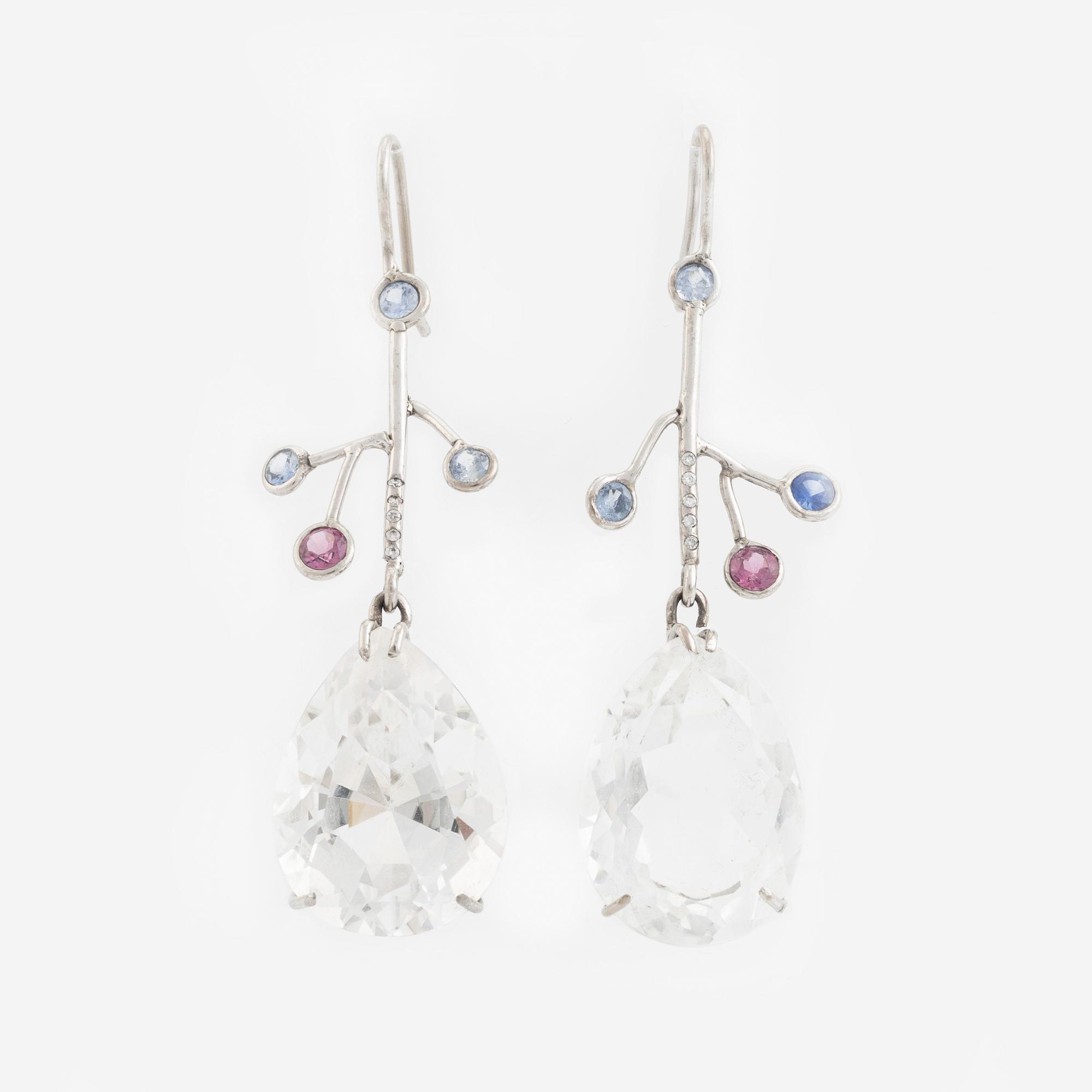White gold, rock crystal, sapphire, tourmaline and diamond earrings.