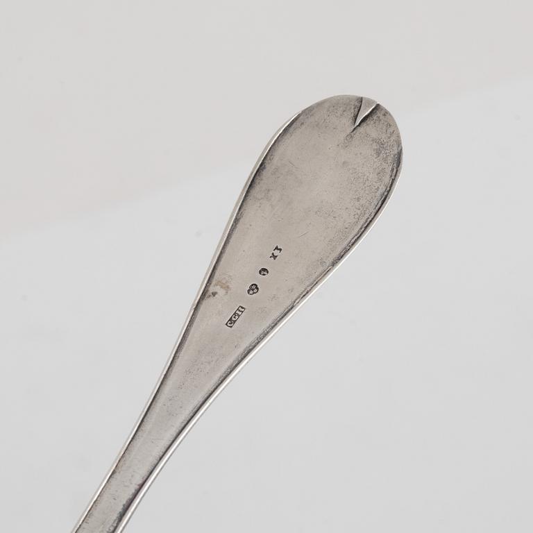 Two Swedish Silver Sprinkle Spoons, marks of  Nils Arf, Stockholm 1790, and Carl Gustaf Hjulström, Köping 1828.