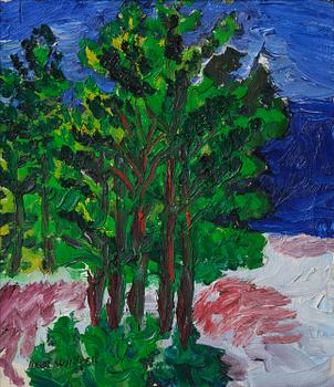 675. Inge Schiöler, Coastal view with pine trees.