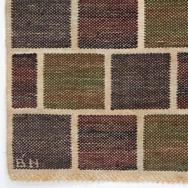 Barbro Nilsson, vävnad, "Kvadrater på linne, mörk", inplock på linnebotten, ca 48-49 x 39-40 cm, signerad BN.