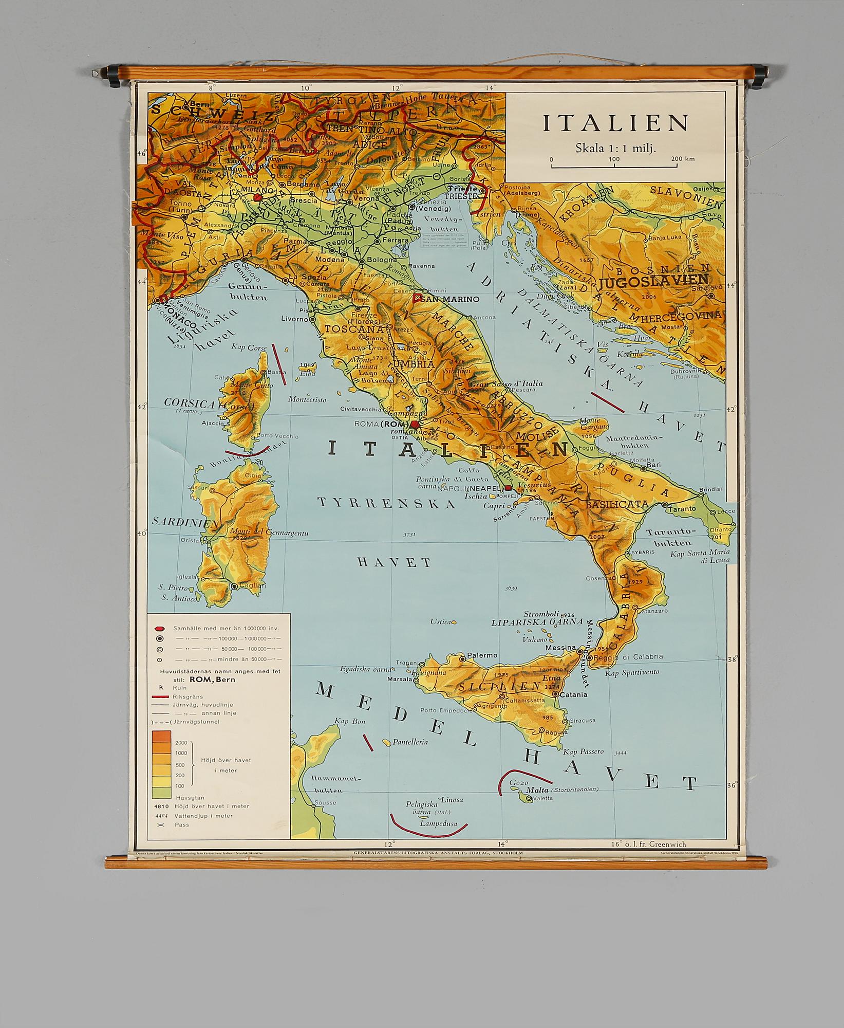 SKOLKARTA, Italien, Generalstabens Litografiska Anstalts Förlag, 1959.