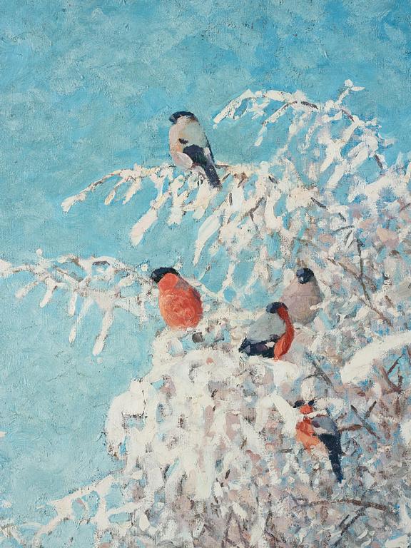 Thure Wallner, Winter landscape with bullfinches.