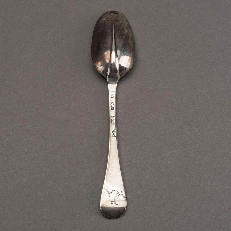 A n English 18th century silver rat-tail spoon, mark London 1719-20.