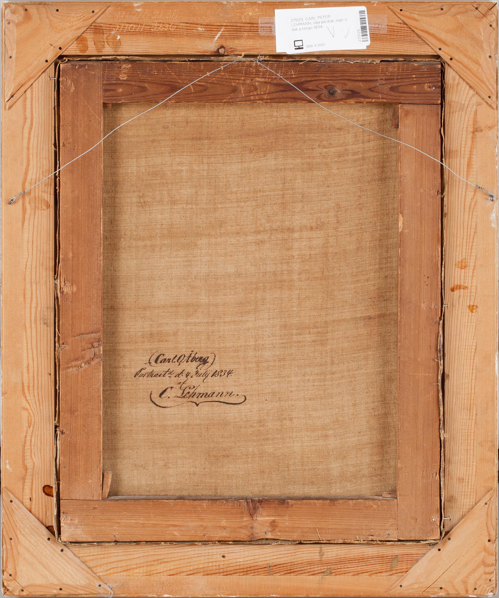 CARL PETER LEHMANN, olja på duk, sign o dat a tergo 1834.
