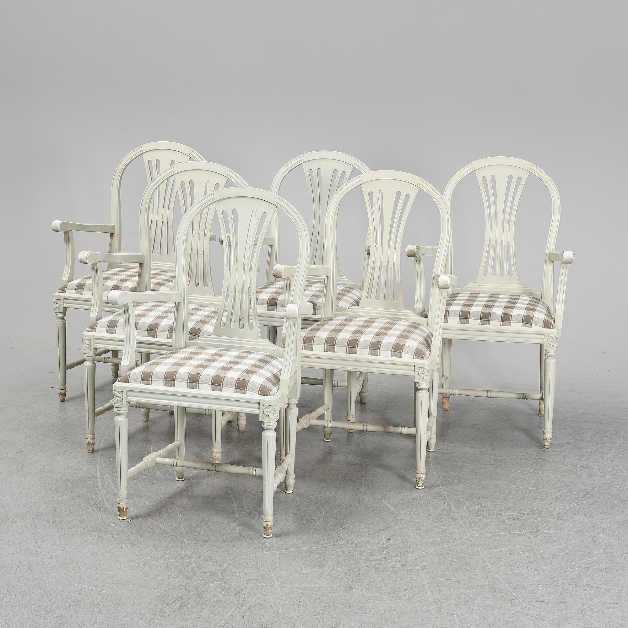 Six second half of the 20th Century Gustavian style armchairs.