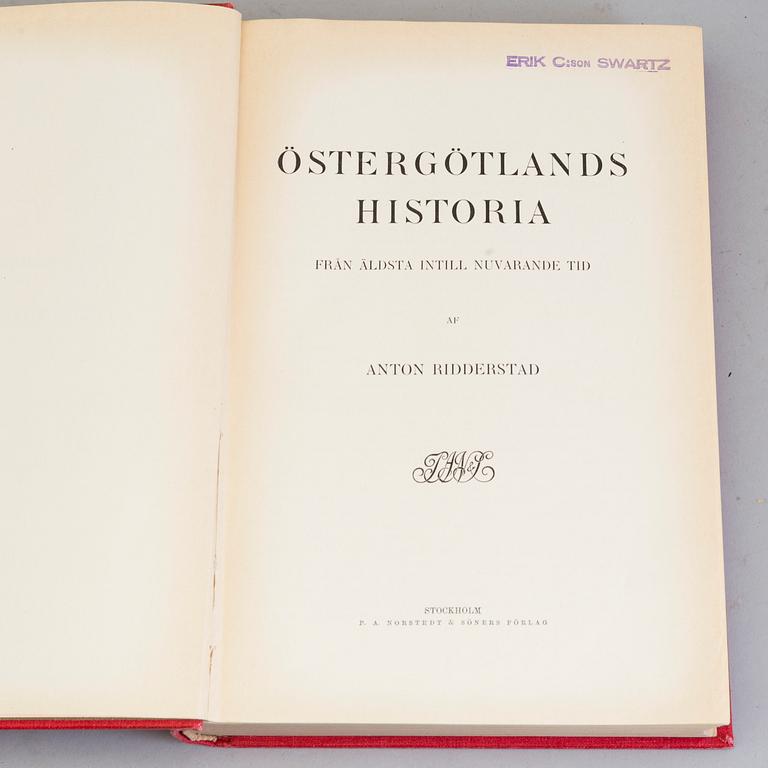 BÖCKER: Östergötlands Historia, Anton Ridderstad, 1914, 1917, 1918 och 1920, fyra volymer.