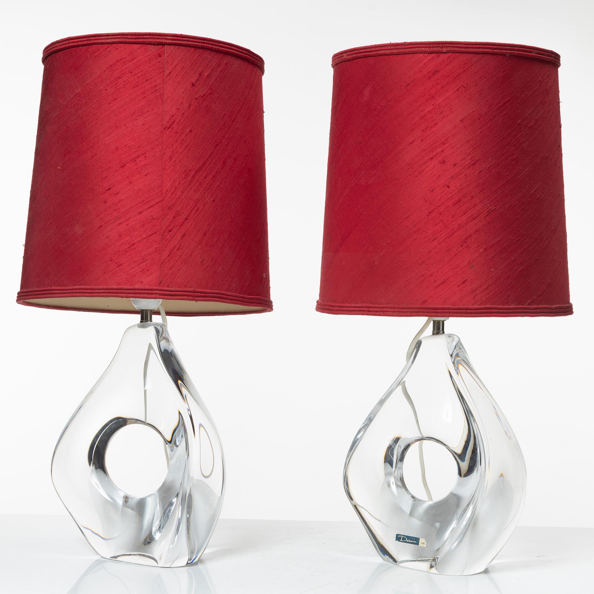 Daum, bordslampor, ett par, glas, Nancy, Frankrike, 1900-talets andra hälft.