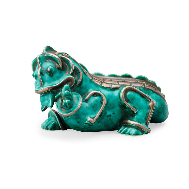 A Wilhelm Kåge 'Argenta' stoneware sculpture of a dragon puppy, Gustavsberg ca 1940.