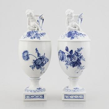 A pair of 'Blå Blomst' porcelain lidded urns, Royal Copenhagen, Denmark.