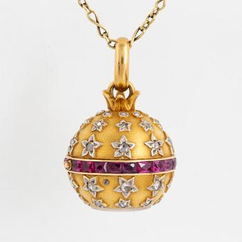 Pendant/watch gold with rose-cut diamonds, rubies, with chain, fitted box.