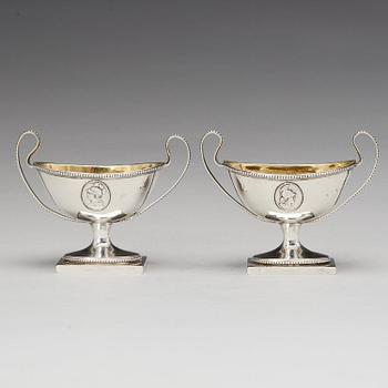 A pair of Swedish late Gustavian parcel-gilt silver salt-cellars, mark of JJ Ulfsberg, Nykoping (1793-1824(-25)).