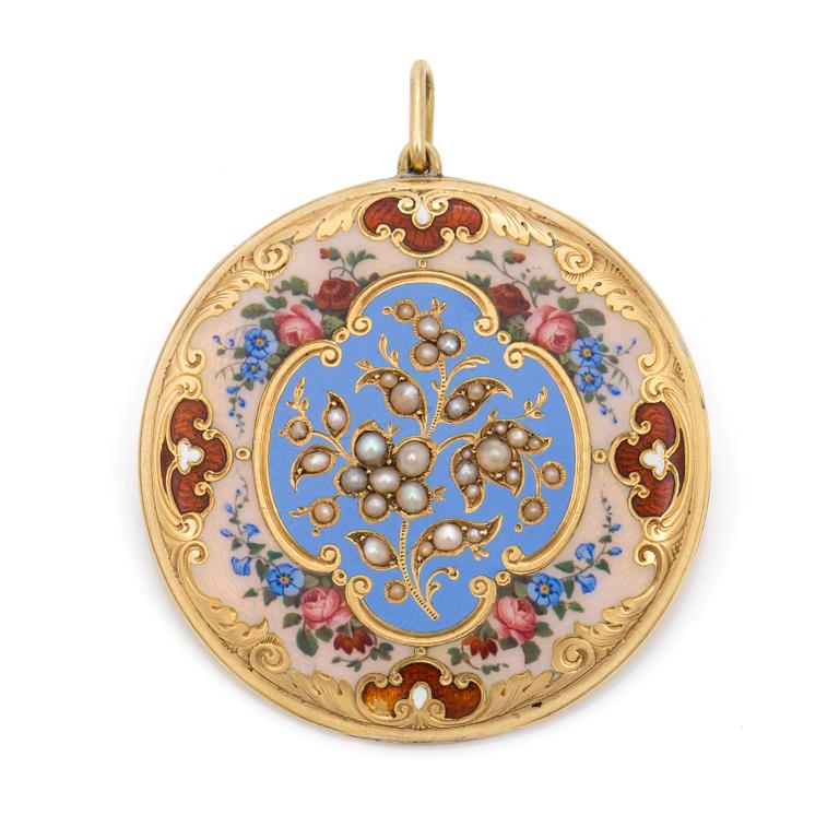 A pendant/brooch set with seed pearls and with multi-coloured decoration.