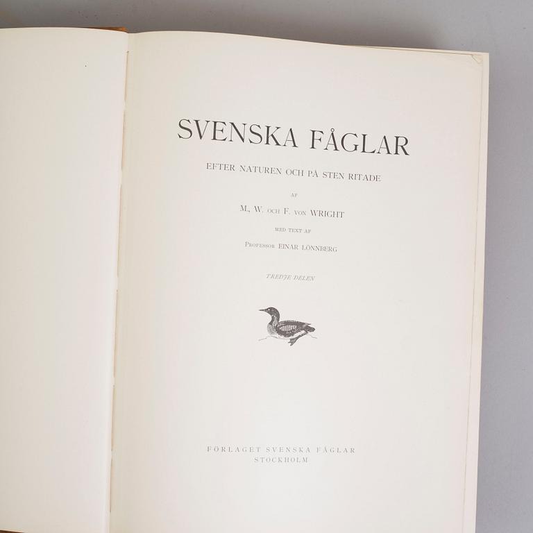Three book "Svenska fåglar (Swedish birds)" with images by M, W & F VON WRIGHT, printed by Börtzells AB, 1924-1929.